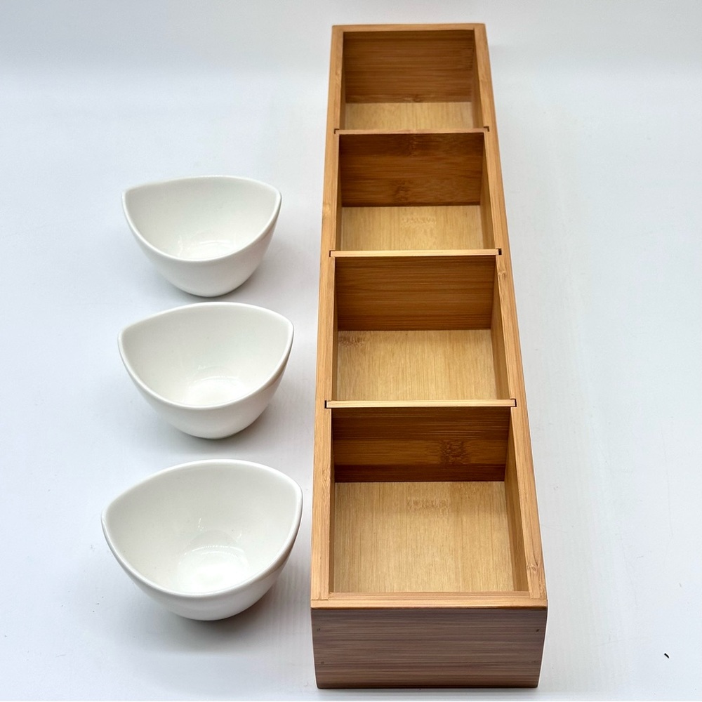 Divided Wooden Bamboo Tray with 3 White Ceramic Dipping Bowls Serving Set